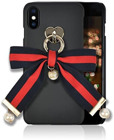 iPhone X Case [Handmade Stripe Ribbon Series] Silky SF Coating Hard PC [Detachable Ring, Ivory Faux Pearl] Ultra Slim, Light Weight, Apple iPhone X Cover (Navy/Red/Stripes)