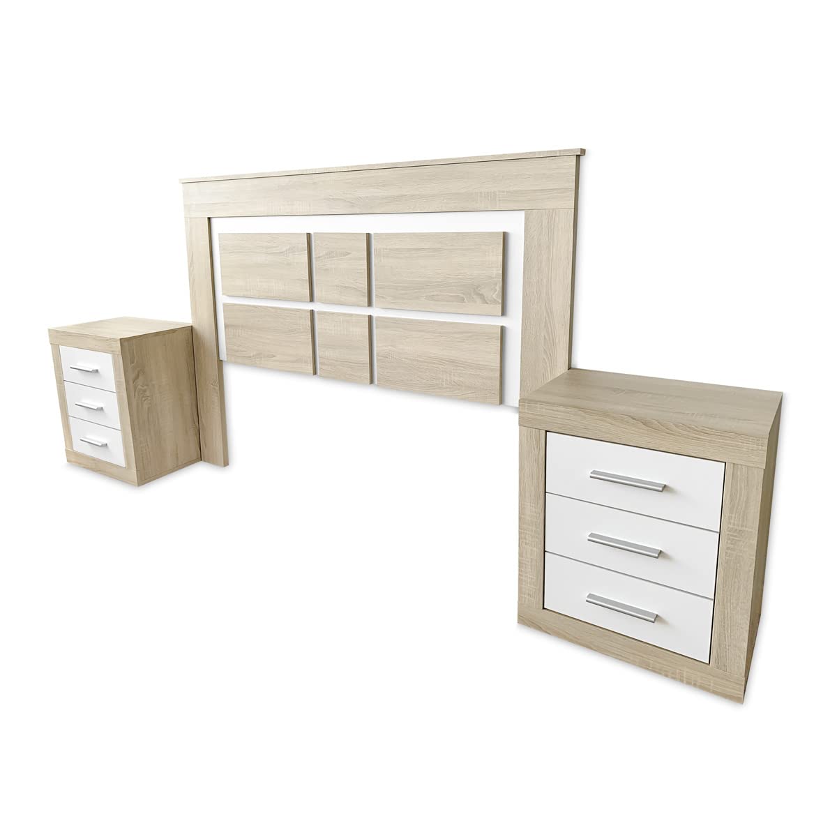 Somnia Descanso - Pack Cabecero Nórdico Mandi de 160 x 120 cm + 2 Mesitas de Noche | Diseño Práctico y Elegante | Colores Cambria y Blanco (para Cama de 135-140 o 160)