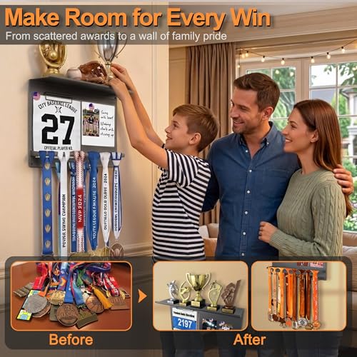 Image of Running Medal Hanger Display with Trophy Shelf, Race Bib Holder and Whiteboard, 2-Bar Medal Holder for 50+ Medals with Flag Magnets, Marker, Wall Mounted, Grey