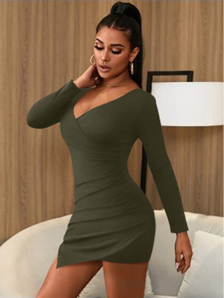 ZileZile Women's Sexy Bodycon Long Sleeve Ruched Deep V Neck Wrap Club Mini Dress