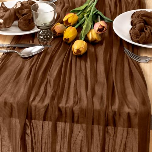 Image of MLMC 2 Pack Brown Cheesecloth Table Runner 10ft Boho Rustic Gauze Coffee Cheese Cloth Table Runner Neutral Centerpiece Decor 35x120 Inches for Wedding Farmhouse Reception Home Decor