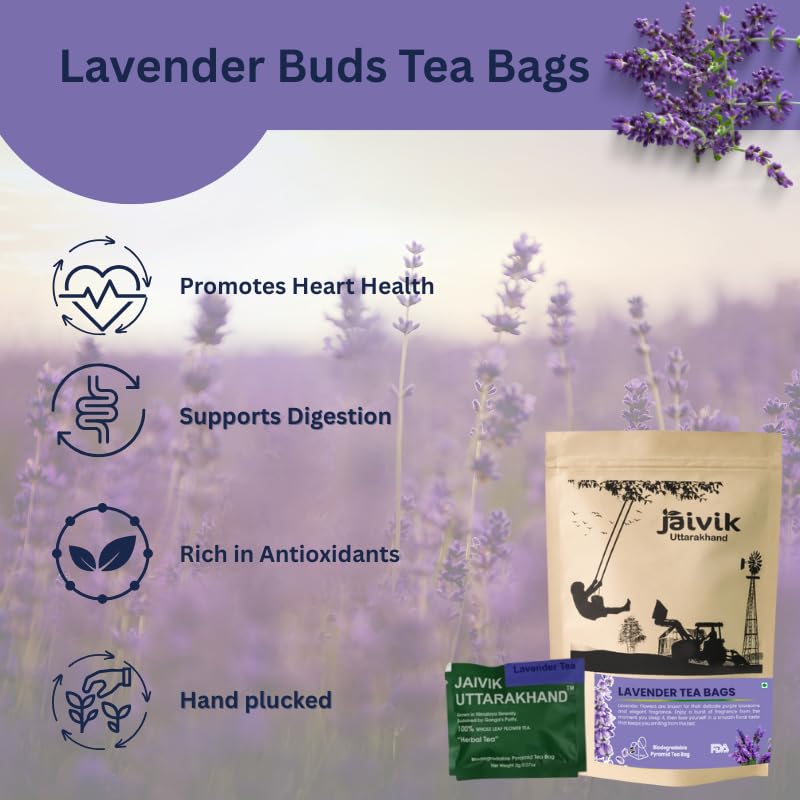 Image of Jaivik Uttarakhand - Lavender Flowers Buds Tea Bags (30), Sun Dried Flowers, Lavandula angustifolia, Hair growth, Blood pressure, Pack of 1