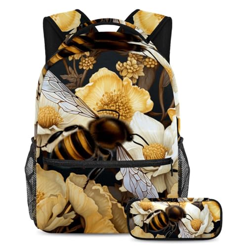 Sac à dos motif art insecte abeille 64 avec trousse grand volume pour le voyage des étudiants