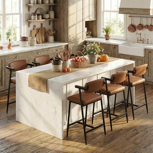 Image of GarveeHome Counter Height Bar Stools Set of 6 with Armrests, 26 inch Upholstered 6pcs Tall Bar Stools Set, Long Backrest & Extra Thick Cushion, Modern High Barstools for Kitchen Island, Pub, Coffee Brown