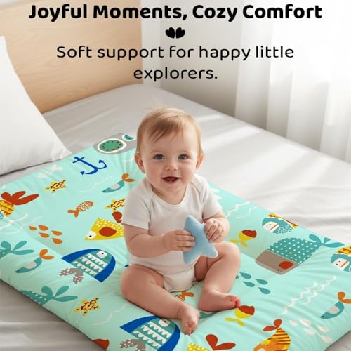 Image of StarAndDaisy Newborn Baby Bedding Nest 100% Cotton Cushioned Mattress Sheet with 2 Side Bolster Pillows & 1 Head Pillow Breathable & Soft Boys & Girl Design Aqua Print
