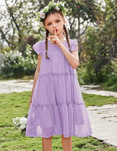 Arshiner Girl's Summer Dress Flared Sleeve Loose Fit Swiss Dots Flowy Pleated Dress2