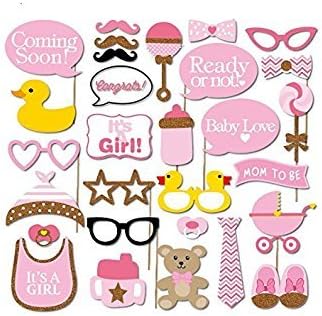 iBuy365 It's A Girl Baby Shower Decoration Party Pink Photo Booth Props Kits Bottle Masks on Sticks Set of 29pcs