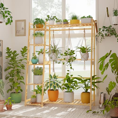 Bamworld Large Plant Shelf Indoor Bamboo Hanging Plant Stand Tall Flower Stand Ladder Plant Holder Plant Display Rack for Garden Balcony Home Decor Living Room Bedroom
