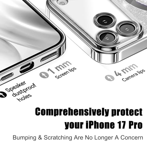 Image of Misscase for iPhone 17 Pro Case Compatible with MagSafe,Built-in Camera Lens Protector Full Protection Soft TPU Anti-Scratch Anti-Fingerprint Magnetic Glitter Slim Case Cover 6.3 inch Silver