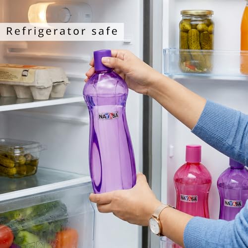 Image of Nayasa Loopy 1000 ML Pet Plastic Fridge Water Bottles Set of 6 | BPA Free | Leak Proof | Airtight Lid | Purple