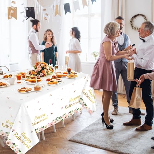 Image of 3Pcs Flower Retirement Tablecloths Happy Retirement Party Decorations White Peony Table Covers Pink Gold Floral Plastic Disposable Table Decor for Women Goodbye Going Away Party Supplies 54 x 108 Inch