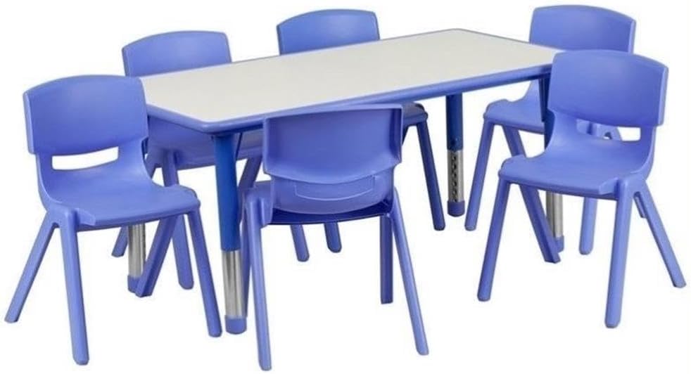 Pemberly Row Kids' Plastic Activity Table Set, Rectangular Table, Gray Top, Blue Edge, Adjustable Steel Legs, Includes 6 Stackable Chairs, Durable Design for Classrooms or Playrooms, 23.5" H x 23.63"