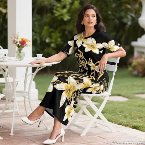 Image of Polynesian Dress for Women Short Sleeve High Waist Maxi Skirt | Puletasi dress, t-shirt and skirt two-piece, elastic material, lightweight, soft, plus size, luau party, wedding, clubwear