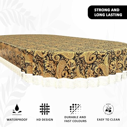 Kuber Industries 60x90 Inch - 6-Seater Oval Shape Dining Table Cover | Table Protector Table Sheet for Dining | PVC Waterproof Tablecloth for Dinner | Multi Floral - Black Golden