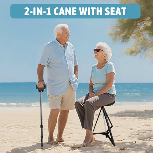 Image of ALEVMOOM Walking Cane with Seat Folding Lightweight, 2-in-1 Cane Stool for Adults, Aluminum Walking Stick with Seat, Stick Chair Portable Stool for Senior