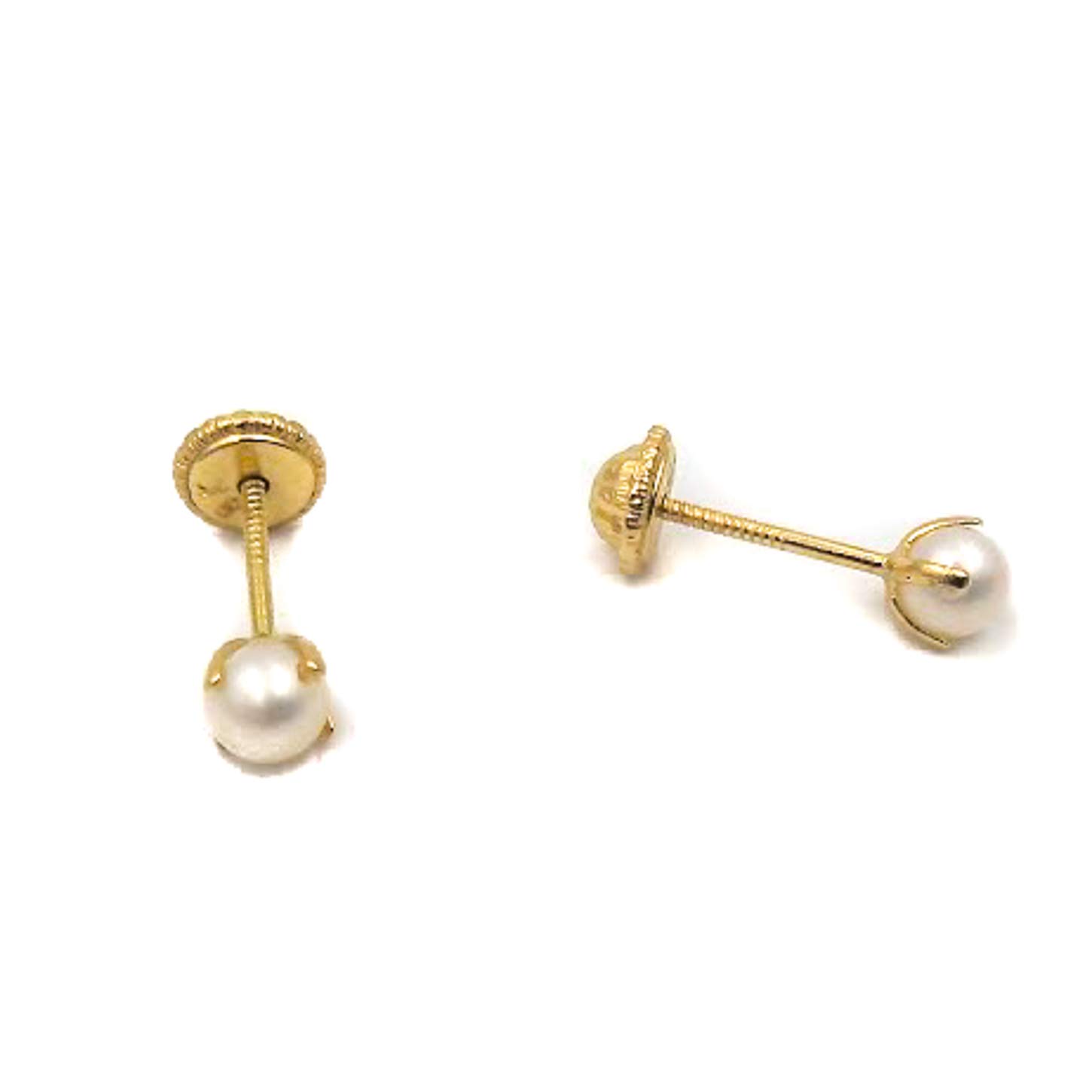 Teresa Barrio Pendientes bebe o niña oro de 1º ley 18K, pendientes de primera postura con perla engarzada: 4 garras en el centro, pendientes con cierre de rosca seguro.