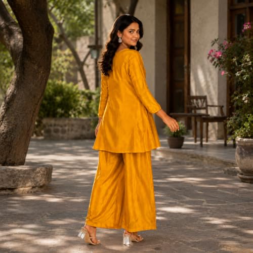 Image of Embroidered Sharara Set for Women | Roman Silk Short Kurta with Flared Sharara Pants | Designer Festive Ethnic Wear Suit Set for Weddings, Sangeet & Celebrations