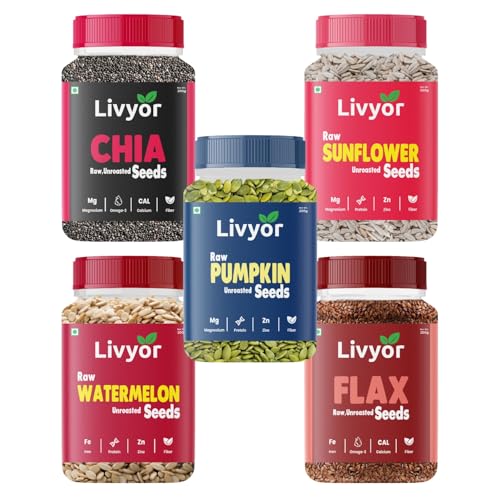 Image of Livyor 5 in 1 Seeds Combo for eating - 1000g (200g each) | Chia, Flax, Pumpkin, Watermelon, Sunflower Seeds - Combo | Weight management | Healthy and Nutritious | Pack of 5