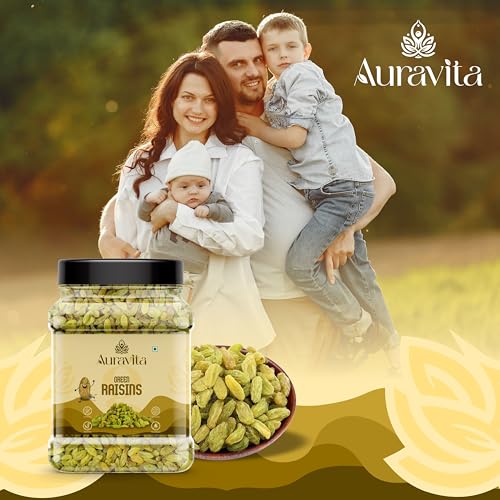 Image of Auravita Healthy Green Raisins 500gm | 100% Natural Dried Grapes (Kishmish) | Nutritious, Delicious & Healthy Snack | Source of Fibre in Nuts | No Preservatives in Dry Fruit