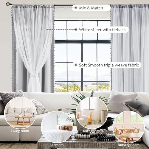 Image of Treatmentex Pom-Pom Blackout Curtains with Sheer Overlay for Living Room Bedroom Kid's Nursery Room, Grey Mix and Match Double Layer Room Darkening Window Curtain Panels with Tie Backs, 2 pcs, 52x84