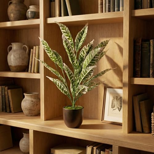 Image of Dekorly Artificial Plant Leaves Tropical Monstera Large Artificial Plants Fake Zebra Leaf Plastic Palm Tree Branch for Home Garden Decor | 26 Leaves (WithPot-Green-G, Height : 76CM)