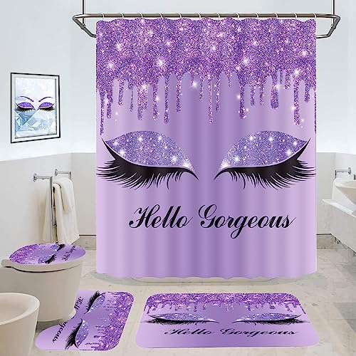 GURETER Purple Pretty Eyelash Shower Curtain Set, 4PCS Hello Gorgeous Luxury Glitter Bathroom Sets with Shower Curtain and Rugs, Toilet Lid Cover, Bath Mat and U Shaped Rug, 12 Hooks, SETLSGU7