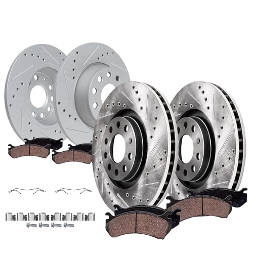 Image of Detroit Axle - 8pc Brake Kit for 2011 2012 Audi A3 [Base], 11-13 A3 Quattro, 2010 Volkswagen Jetta, 12.28 inch inch Front and 11.10 inch inch Rear Drilled and Slotted Disc Brake Rotors Ceramic Brakes Pads