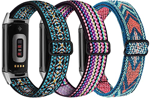 Paquete de 3 correas elásticas de nailon compatibles con Fitbit Charge 5, correas de repuesto elásticas ajustables Nigaee para mujeres y hombres (juego E)