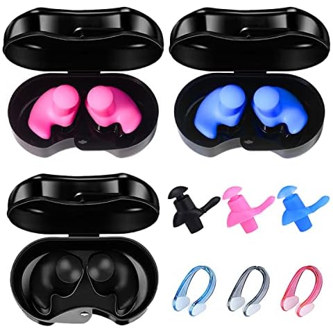 Swimming Ear Plugs 3 Pairs of Adult Swimming Ear Plugs and 3Pcs Swimming Nose Clips Reusable Silicone Swimming Earplugs for Swimming, Showering, Bathing, Surfing, Snorkeling and Sports Cover