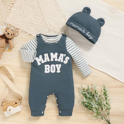 Viworld Newborn Baby Boy Clothes Mama's Boy Overalls Striped Long Sleeve Romper Hat 3Pcs Fall Winter Outfits2