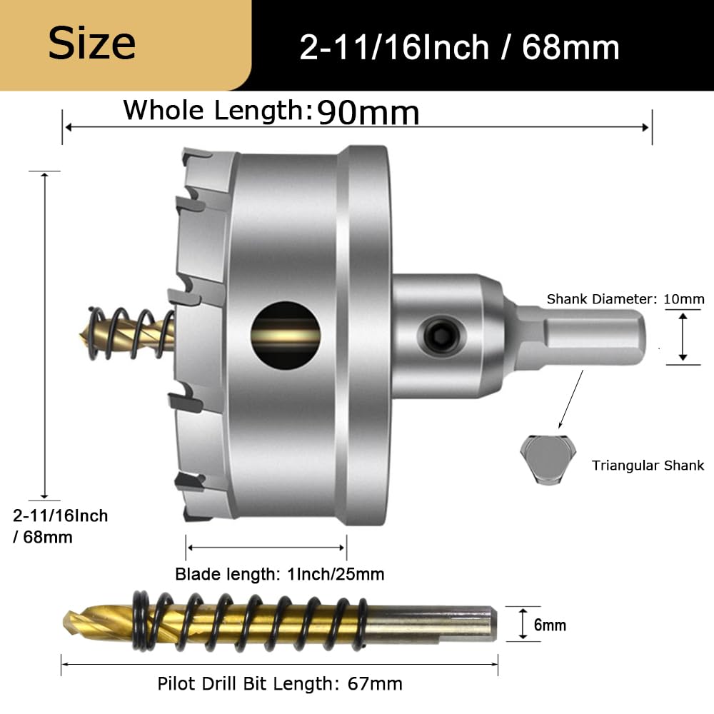 ASNOMY 68 mm T.C.T, Broca para sierra perforadora con punta de carburo de tungsteno para metal, con 2 brocas para metal duro, acero, hierro, madera, plástico