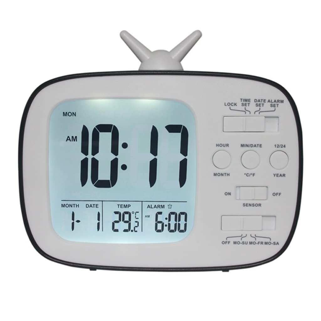 Retro TV Smart LCD Electronic Alarm Clock Photosensitive LED Display Noiseless Thermometer Function Memory Function Stylish Bedside Clock