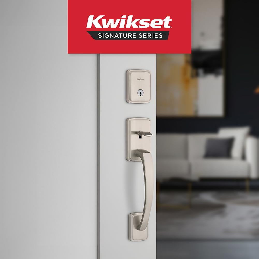 kwikset brentford front door lock handle and deadbolt set, entry handleset with trafford reversible lever, satin nickel, pick resistant smartkey rekey deadbolt security, with microban protection satin nickel with deadbolt