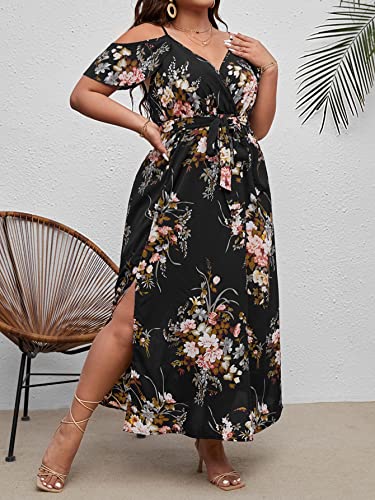 Image of Floerns Women's Plus Size Cold Shoulder Short Sleeve Split Thigh Long Dress