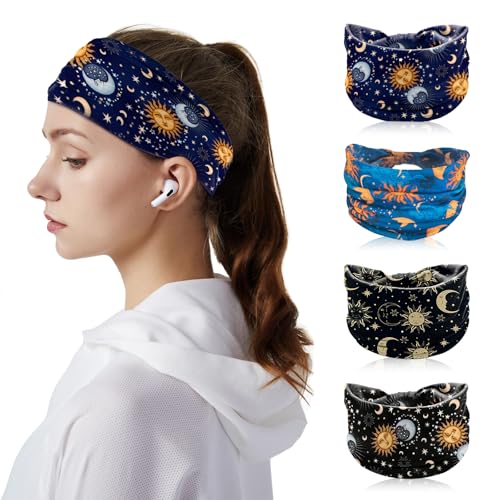 Wide Headbands for Women Non Slip Headbands for Women in Soft Cotton with Moon and Star Print Boho Headbands for Yoga Workouts Face Washing and Everyday Wear 4 Pack