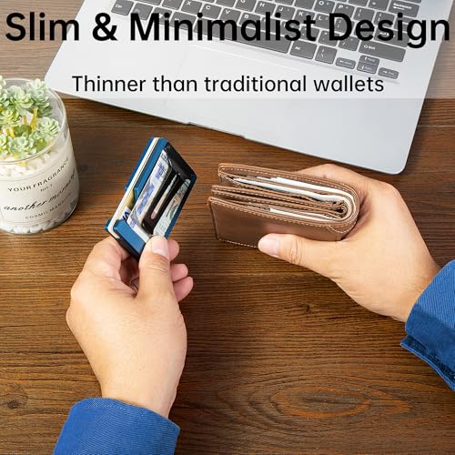 Image of Minimalist Wallet for Men, Slim Metal RFID Blocking Wallet Credit Card Holder Money Clip & Cash Strap, Scratch-Resistant Holds 15 Cards,Ideal Gift for Men | Matte Blue