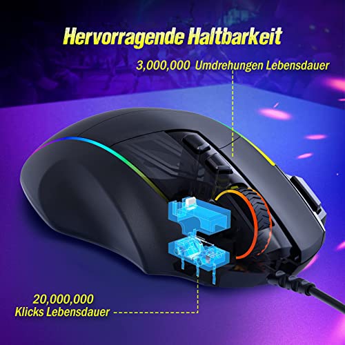 RGB Gaming Maus, ergonomische PC Maus mit Kabel, Chrom RGB Hintergrundbeleuchtung, 8000 DPI einstellbar, 8 programmierbare Tasten, Feuertaste, optische Computer Maus Gamer für Windows Mac (Schwarz) - Image 7