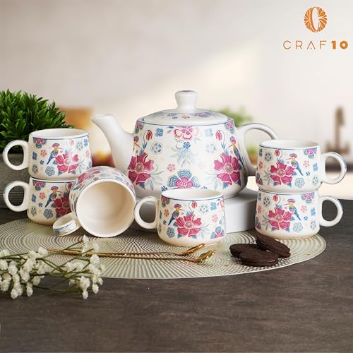 Image of CRAF10 Ceramic Handcrafted Botanic BlissTea Morning Set - 1 Kettle (1 Litre) & 6 Cups (160 ML) | Microwave & Dishwasher Safe | Teapot | Tea Sets with Kettle for Gifting
