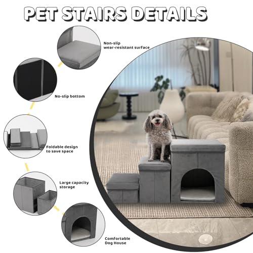 3 Stufen hundetreppe für kleine Hunde hundetreppe mit stauraum für Bett Sofa 40cm hoch katzentreppe für alte Katzen Schwamm haustiertreppe grau blau