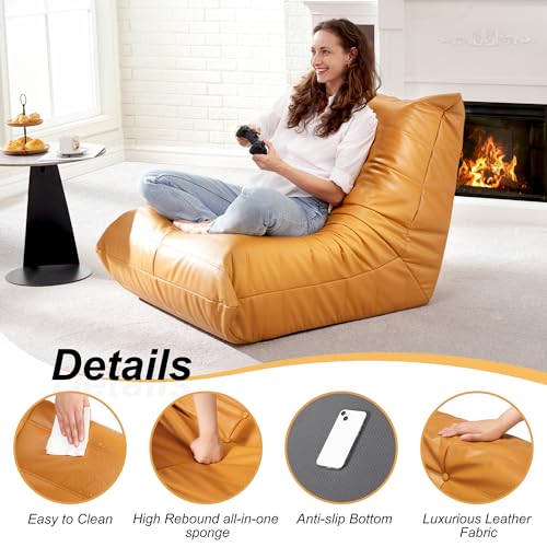 Hobestluk Giant Bean Bag Chair Lazy Floor Sofa, Memory Foam Fireside Sofa for Adults, Big Beanbag Faux Leather Armless Chair for Living Room Bedroom Dorm Office (Yellow, Single)