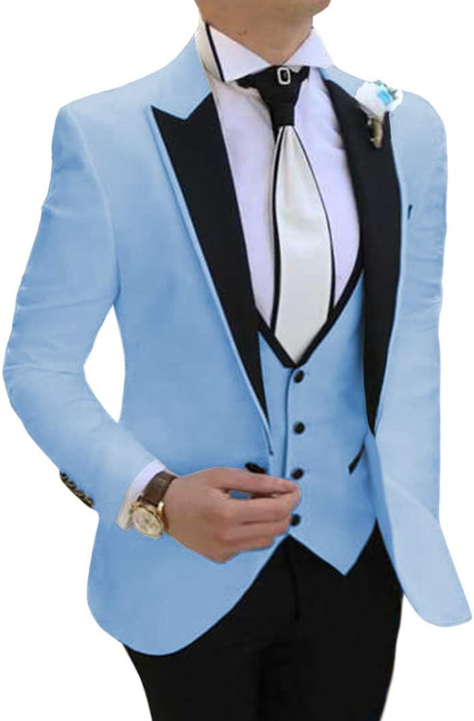 Men's 3 Pieces Formal Solid Mens Suit Slim Fit Notch Lapel Tuxedos for Wedding Groomsmen(Blazer+Vest+Pant)
