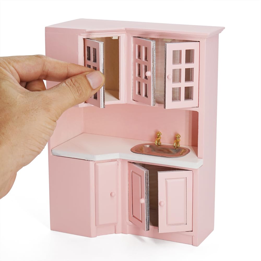 Odoria Dollhouse Kitchen Cabinet Miniature: 1/12 Scale Storage Pantry with Sink Pink Modern Restaurant - Mini Cooking Furniture Wooden Corner