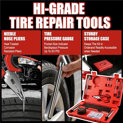 Image of AWELCRAFT 68-Piece All-in-One Heavy Duty Tire Plug Kit - Professional Tire Repair Set, T-Handle Tools, Valve Kit, 40 Plugs, Pliers, Knife - Universal for Car