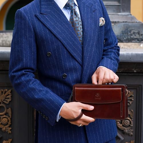 Image of Time Resistance Leather Clutch for Men Organizer Wrist Bag Briefcase Handmade in Italy Gift Box Included