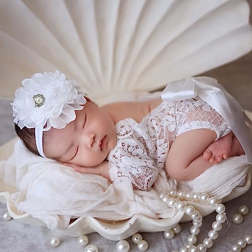 Image of Ylsteed Newborn Photography Outfits Girl Newborn Photography Props Lace Romper Newborn Baby Photo Shoot Outfits Girls Photo Props (Big Flower+White Set)