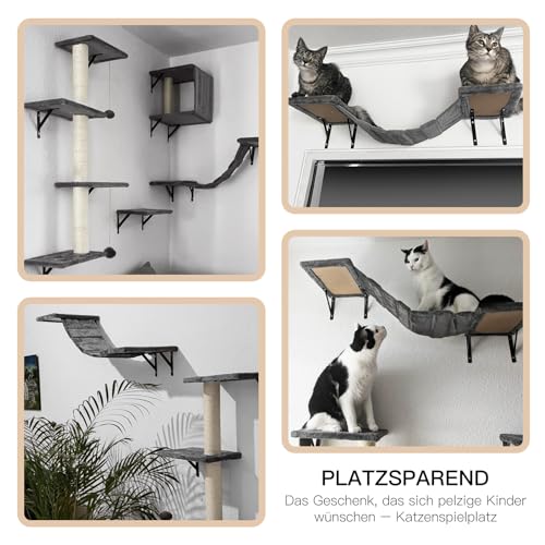 Kletterwand Katzen 10-teilig, Zvonema Katzen Wandelemente für Kleine bis Mittelgroße Katze bis 10KG, Stabiles Katzenkletterwand Set mit Katzenhaus/Katzenbrücke/Katzenbaum/Katzenliege, Grau