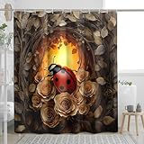 Herbst-Duschvorhang mit Marienkäfer, rustikale Badezimmer-Dekoration, 157 x 183 cm, mit Haken, rustikales Badezimmer-Dekor, Vintage-Insekten-Badzubehör, Polyestergewebe