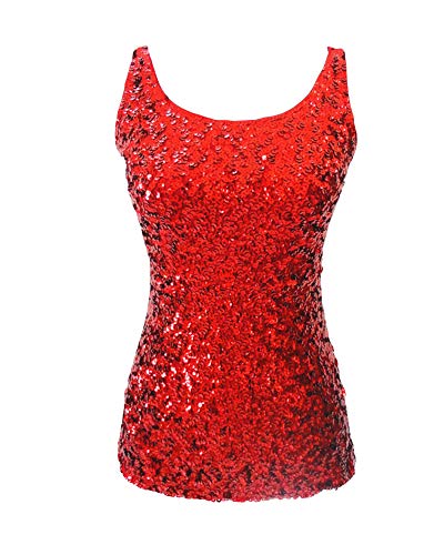 Femme Débardeur Gilet a Paillettes sans Manche Slim Brillante Sequins Haut Tops Rouge Cover