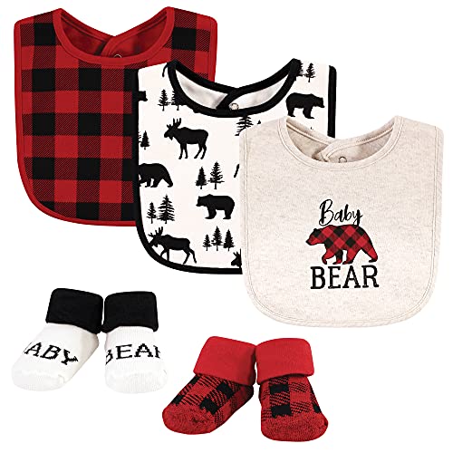 Image of Hudson Baby Unisex Baby Cotton Bib and Sock Set, Baby Bear Plaid, One Size