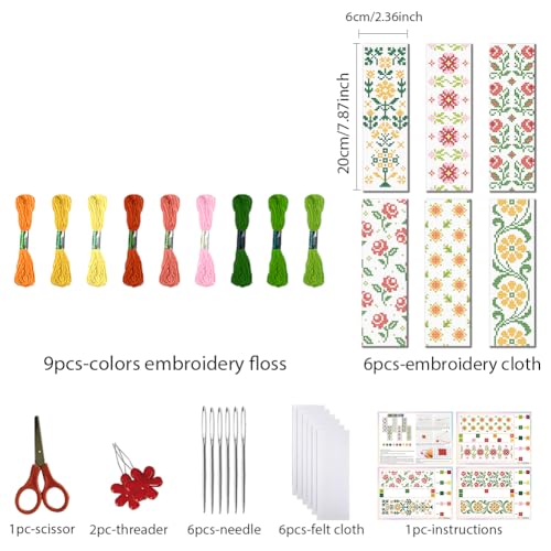 Image of FREEBLOSS 6 PCS Cross Stitch Bookmark Kits for Beginner Stamped Cross Stitch Kit DIY Embroidery Bookmark Kit with Instructions, Flower and Leaves Pattern 8 inch x 2.4 inch